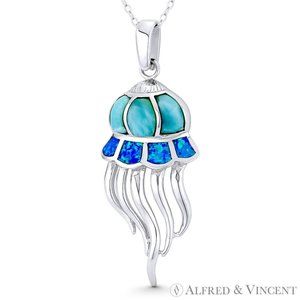 Jellyfish Sealife Boho Lab-Created Opal Chalcedony .925 Sterling Silver Pendant